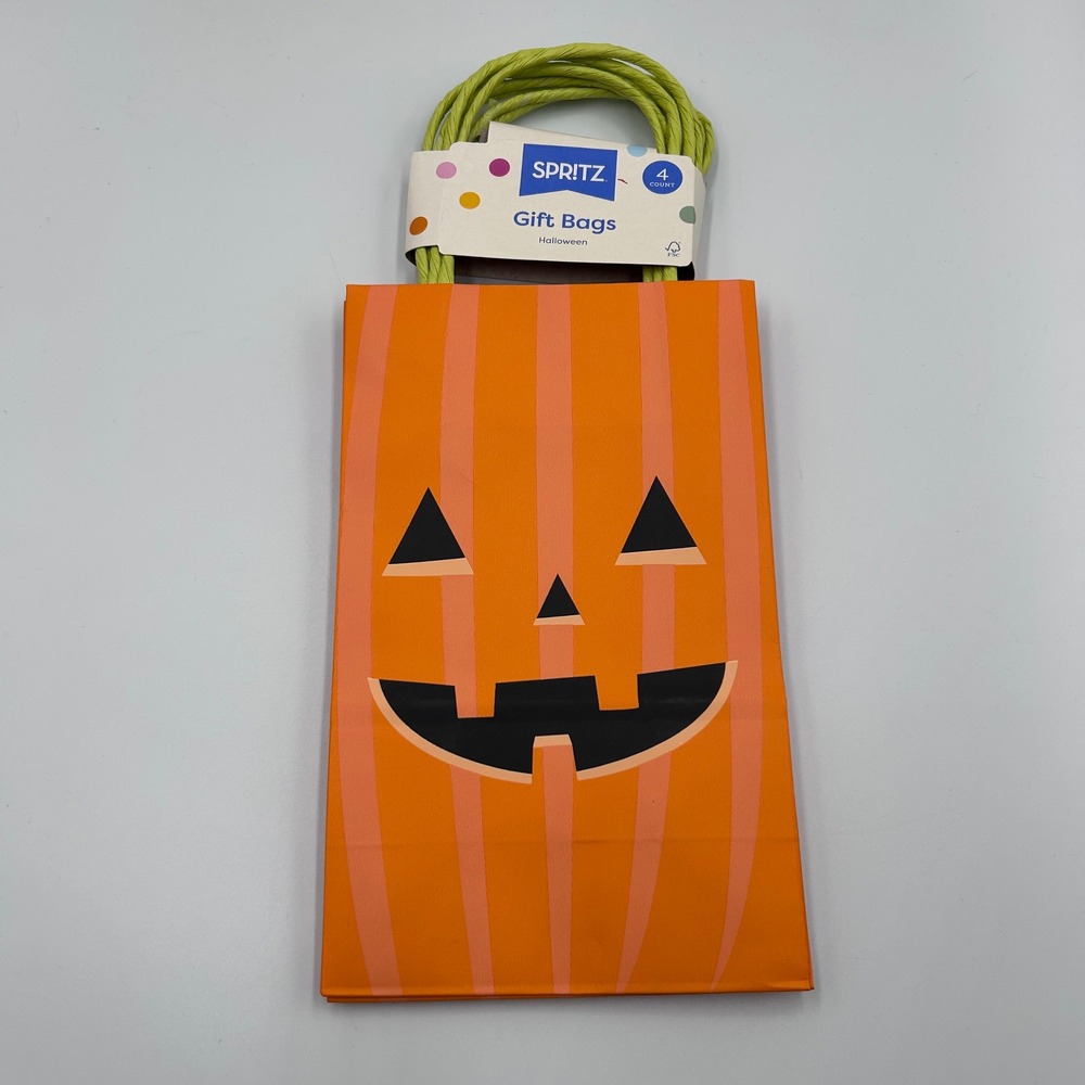 Spritz Halloween Pumpkin Gift Bags 4 Count Orange Jack-O-Lantern Striped Paper
